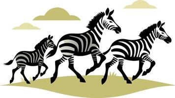 Three Zebras Playfully Running Across A Sunny Meadow Under A Clear Sky vector