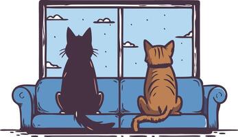 Two Cats Relaxing on a Couch While Gazing Out a Window vector