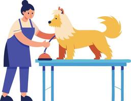 Dog Grooming Session Featuring a Stylist and a Golden Dog on a Table vector