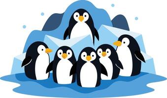 Group of Cute Penguins Gathered on Icebergs in a Cold Oceanic Environment vector