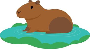 Cute Capybara Floating on a Tranquil Pond Surrounded by Lush Greenery vector