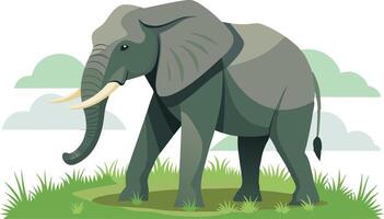 Elegant Illustration of an Elephant Amidst Lush Green Grass and Clouds in a Calm Natural Setting vector