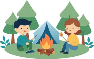 Enjoying a Cozy Campfire Under Pine Trees While Camping in the Woods During Summer vector