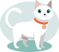 Cute White Cat With Green Eyes and Red Collar Standing on Green Ground in a Minimalist Style Illustration vector
