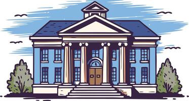 illustration of a historic blue building with columns, stairs, and trees vector