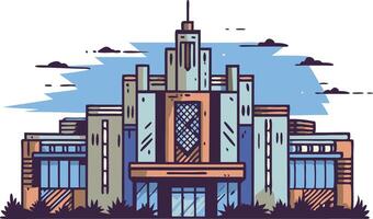 A illustration of a large, modern building with a tall tower in the center, The building has a blue and brown color scheme vector