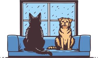 Two Pets Contemplating the Rain From a Cozy Couch by the Window vector