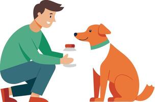 Man Kneeling and Smiling While Holding Treat Container for His Happy Dog in a Cheerful Indoor Setting vector