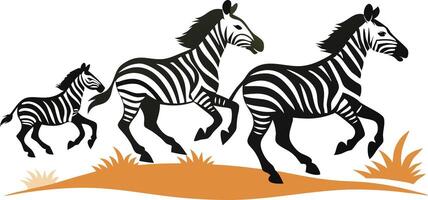 Three Striped Zebras Running Across a Grassland at Sunrise in a Dynamic Illustration vector
