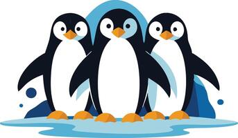 Three Playful Penguins Standing Together on Ice Near Ocean Waves in a Illustration vector