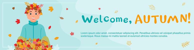 Welcome, autumn A happy boy with a wreath of leaves on his head is sitting in a pile of colorful leaves. vector