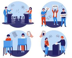 Political debates and discussions with candidates. A call to vote. The people in the voting booth are making their choice. People are throwing ballots into the ballot box. vector