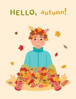 Hello, autumn A happy boy with a wreath of leaves on his head is sitting in a pile of colorful leaves. vector