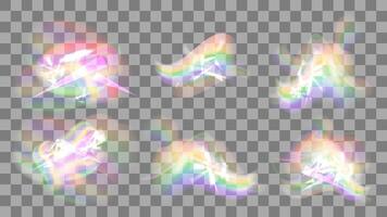 Transparent light color rainbow prism effect flare. Optical rainbow lights set. Sparkling realistic highlights. illustration. vector