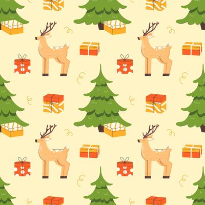 Christmas seamless pattern with reindeer and Christmas tree