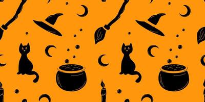 Seamless Halloween Pattern with Black Witch Elements on an Orange Background for Textile, Fabric, Wrapping Paper vector