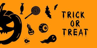 Trick or Treat Halloween Banner with Black Pumpkins, Candies, Ghost, Spider, Bats, Eye on Orange Background vector