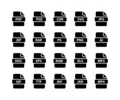 File format icon set. File type icon set. Format and extension of documents. Document format file icon vector