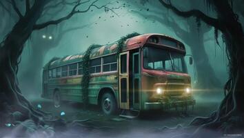 ein verlassen Bus, bewachsen mit Reben, sitzt unheimlich im ein nebelig Wald beim Nacht, beleuchtet durch ein Unbekannt Licht Quelle. das Szene ist Spuk und mysteriös, hervorrufen ein Sinn von Vergessene Geschichten. video
