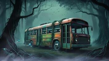 ein verlassen Bus, bewachsen mit Reben, sitzt unheimlich im ein nebelig Wald beim Nacht, beleuchtet durch ein Unbekannt Licht Quelle. das Szene ist Spuk und mysteriös, hervorrufen ein Sinn von Vergessene Geschichten. video