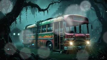ein verlassen Bus, bewachsen mit Reben, sitzt unheimlich im ein nebelig Wald beim Nacht, beleuchtet durch ein Unbekannt Licht Quelle. das Szene ist Spuk und mysteriös, hervorrufen ein Sinn von Vergessene Geschichten. video