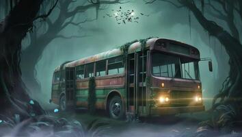 ein verlassen Bus, bewachsen mit Reben, sitzt unheimlich im ein nebelig Wald beim Nacht, beleuchtet durch ein Unbekannt Licht Quelle. das Szene ist Spuk und mysteriös, hervorrufen ein Sinn von Vergessene Geschichten. video