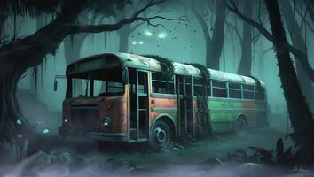 ein verlassen Bus, bewachsen mit Reben, sitzt unheimlich im ein nebelig Wald beim Nacht, beleuchtet durch ein Unbekannt Licht Quelle. das Szene ist Spuk und mysteriös, hervorrufen ein Sinn von Vergessene Geschichten. video