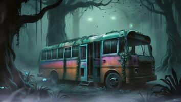 An abandoned bus, overgrown with vines, sits eerily in a foggy forest at night, illuminated by an unknown light source. The scene is haunting and mysterious, evoking a sense of forgotten stories. video