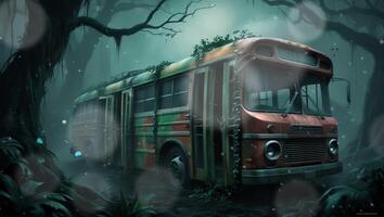 ein verlassen Bus, bewachsen mit Reben, sitzt unheimlich im ein nebelig Wald beim Nacht, beleuchtet durch ein Unbekannt Licht Quelle. das Szene ist Spuk und mysteriös, hervorrufen ein Sinn von Vergessene Geschichten. video