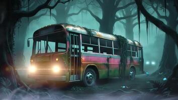 ein verlassen Bus, bewachsen mit Reben, sitzt unheimlich im ein nebelig Wald beim Nacht, beleuchtet durch ein Unbekannt Licht Quelle. das Szene ist Spuk und mysteriös, hervorrufen ein Sinn von Vergessene Geschichten. video