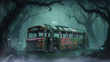 ein verlassen Bus, bewachsen mit Reben, sitzt unheimlich im ein nebelig Wald beim Nacht, beleuchtet durch ein Unbekannt Licht Quelle. das Szene ist Spuk und mysteriös, hervorrufen ein Sinn von Vergessene Geschichten. video