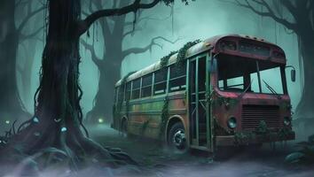 ein verlassen Bus, bewachsen mit Reben, sitzt unheimlich im ein nebelig Wald beim Nacht, beleuchtet durch ein Unbekannt Licht Quelle. das Szene ist Spuk und mysteriös, hervorrufen ein Sinn von Vergessene Geschichten. video