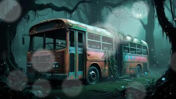 An abandoned bus, overgrown with vines, sits eerily in a foggy forest at night, illuminated by an unknown light source. The scene is haunting and mysterious, evoking a sense of forgotten stories. video