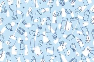 Seamless pattern of cleaning equipment. Cleaning line icons. A line of hand-drawn equipment, cleaning products and tools for cleaning windows and various surfaces. vector