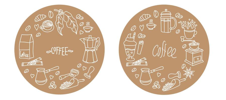 Banner for a coffee shop. Cute doodle cartoon cafe icons.