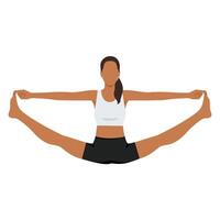 Young woman doing Spinal Column Pose, Upward Seated Straddle Pose, Balancing Bear Pose or Merudandasana. vector