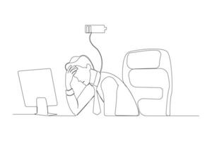 Tired male office worker low battery energy charge indicator continuous line art drawing vector