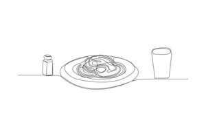 Noodles on plate with glass one-line art drawing. vector