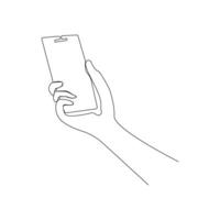 Hand holding phone front view continuous single-line art drawing. vector