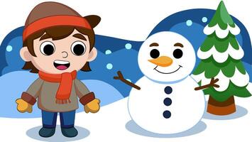 Weather conditions snowy day with a child building a snowman outdoors vector