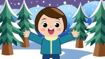 Child in a snowy forest with arms wide open vector