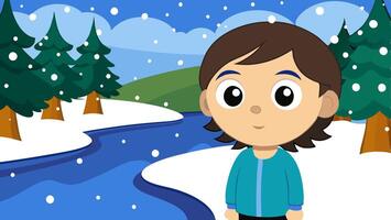 Weather conditions snowy day with a child near a frozen river vector