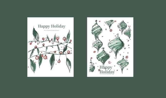 Festive decorative pendants, chandeliers, string lights, christmas colors, hand drawn style material card
