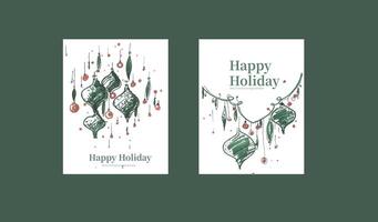 Festive decorative pendants, chandeliers, string lights hand drawn style material card vector