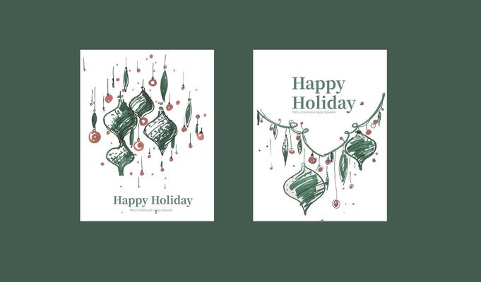 Festive decorative pendants, chandeliers, string lights hand drawn style material card