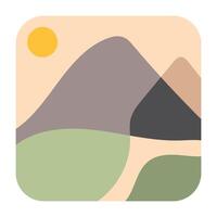 Sun, rice field, hill, and 2 Mountains Flat abstract art Illustration vector