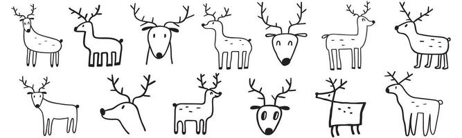 Set of cute deer. Hand drawn outline illustrations. Simple design. Best for Christmas or winter season. Contour art. Black color. White background. vector