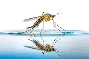A mosquito is standing on water with its reflection photo