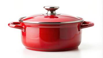 A red pot with a lid on a white background photo