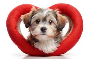 A cute little dog is sitting in a heart shaped pillow photo